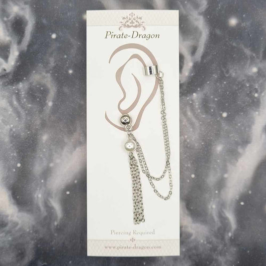 Pearl Bead with Silver Chains Pierced Earcuff (EC99001)