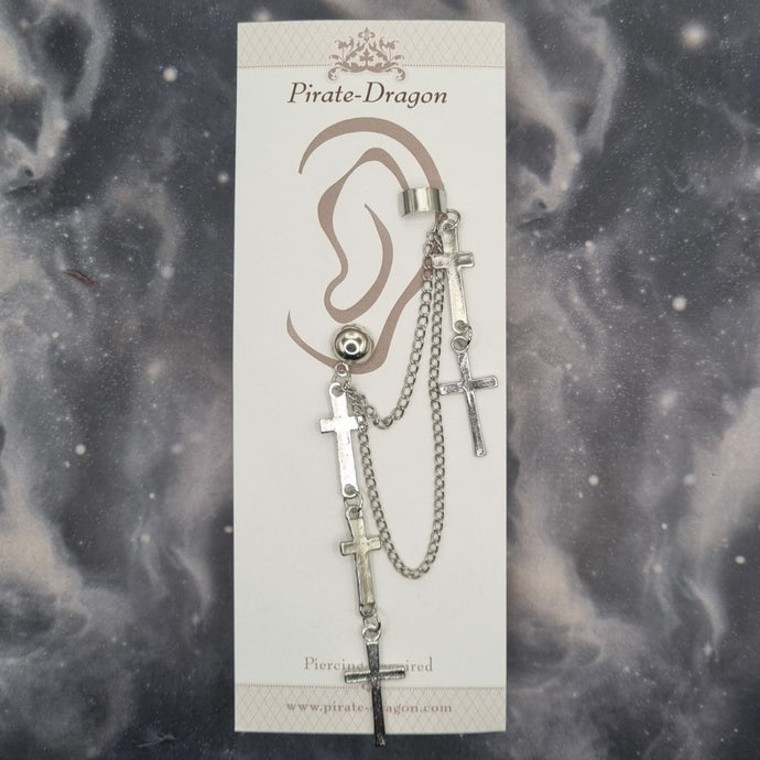 Silver Crosses & Chains Pierced Earcuff (EC99059)