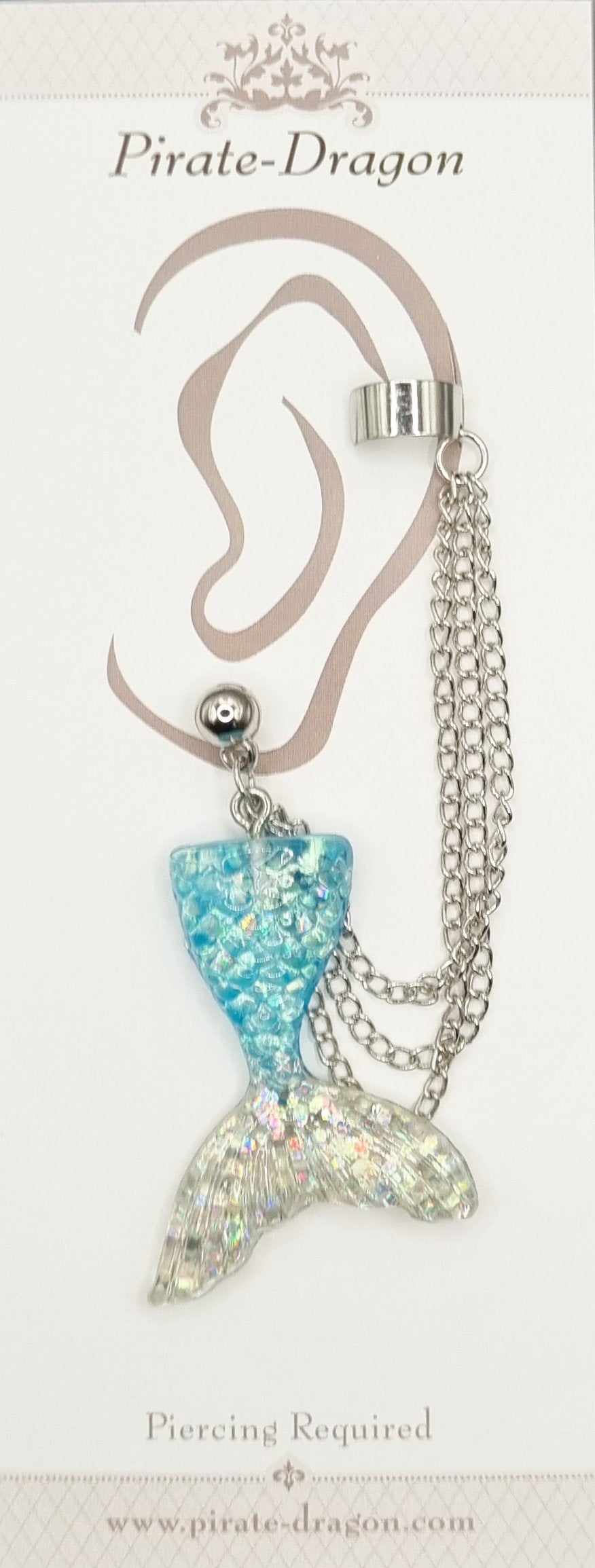 Blue/Silver Mermaid Tail with Silver Chains Pierced Earcuff (EC99229)