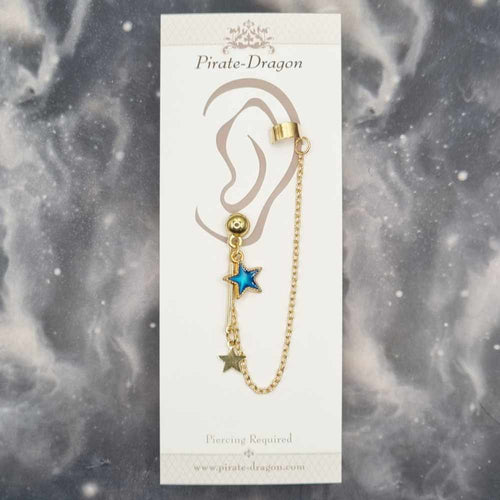 Gold & Blue Stars with Gold Chain Pierced Earcuff (EC99139)