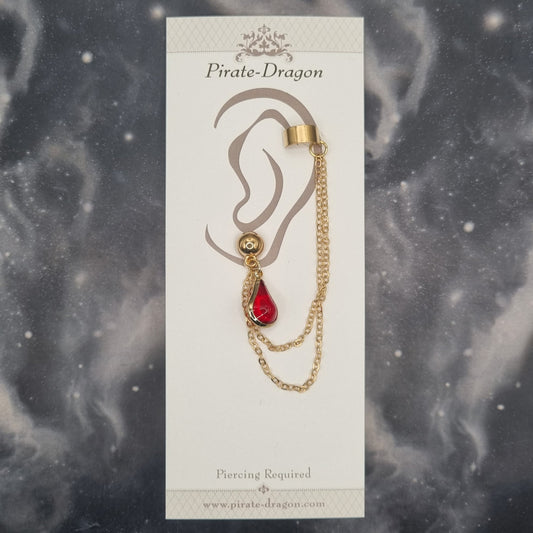 Red Teardrop with Gold Chains Pierced Earcuff (EC99090)