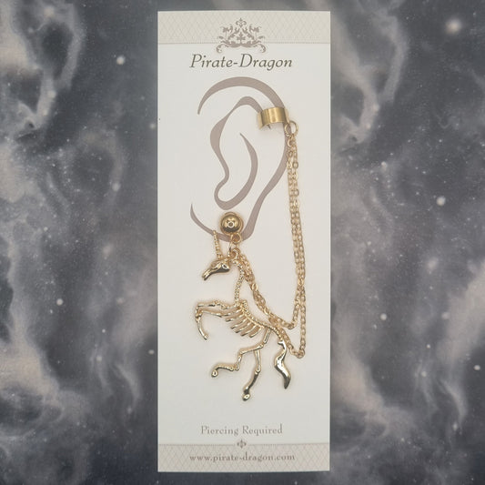 Gold Unicorn Skeleton with Gold Chains Pierced Earcuff (EC99949)