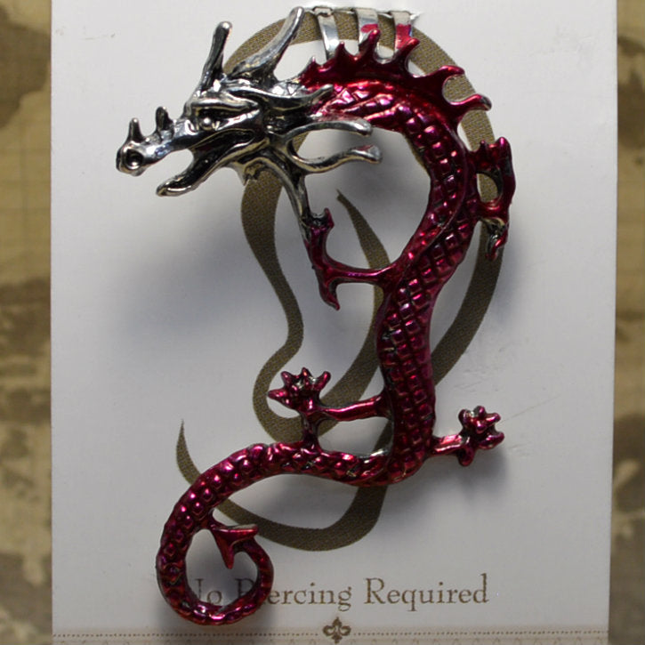 Curly Tail Dragon - Red & Silver - Non-Pierced Earcuff (EC2700)
