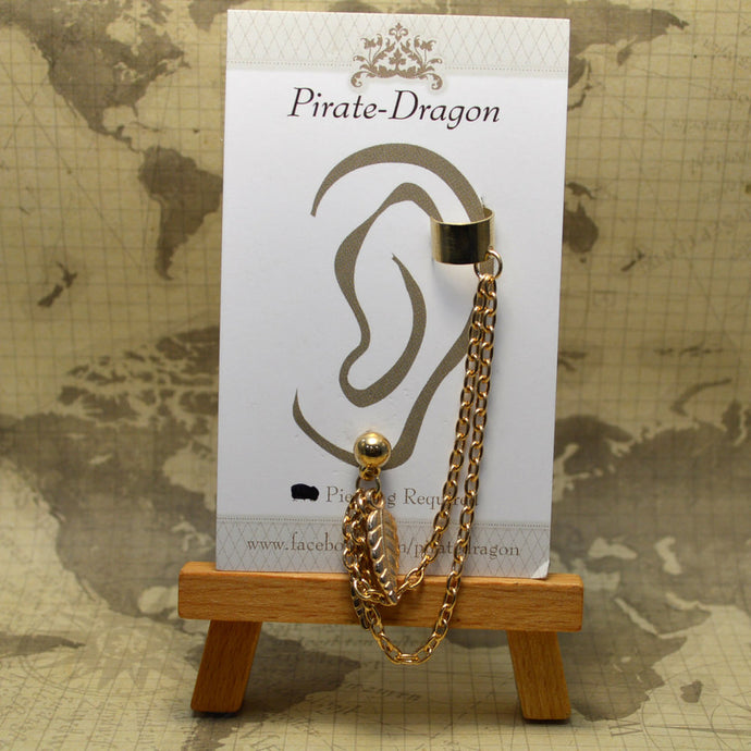 Pierced Earcuff - Gold Chain & Leaves (EC275)