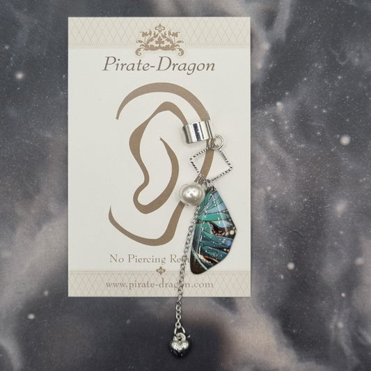 Small Silver & Green/Blue Butterfly Wing Non-Pierced Ear Cuff (EC3040)