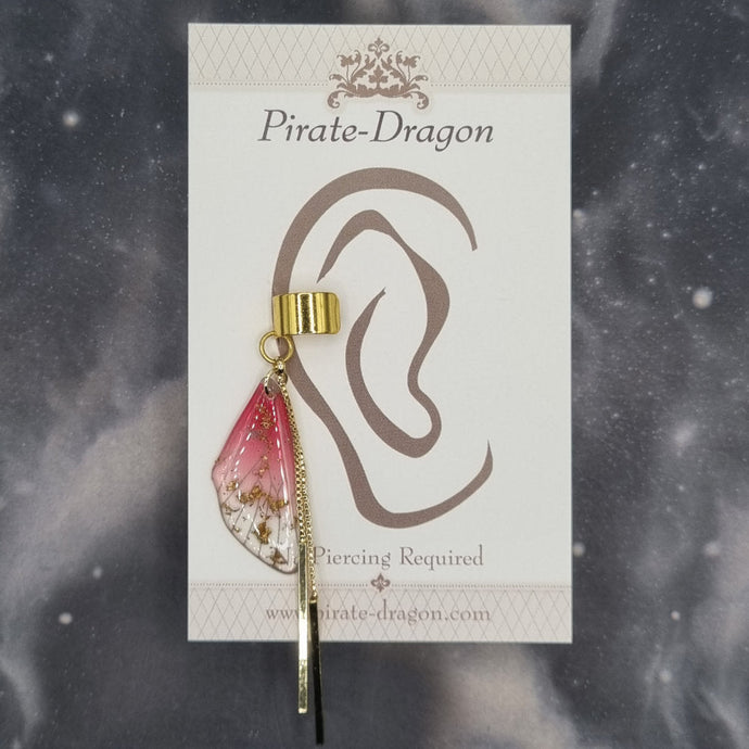 Small Gold & Red/Pink Butterfly Wing Non-Pierced Ear Cuff (EC3056)
