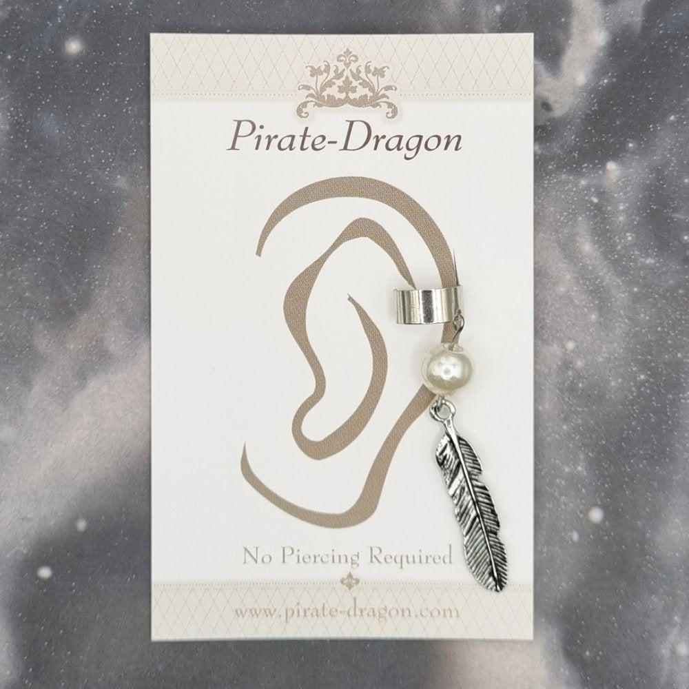 Silver Feather with Pearl Non-Pierced Ear Cuff (EC3603)
