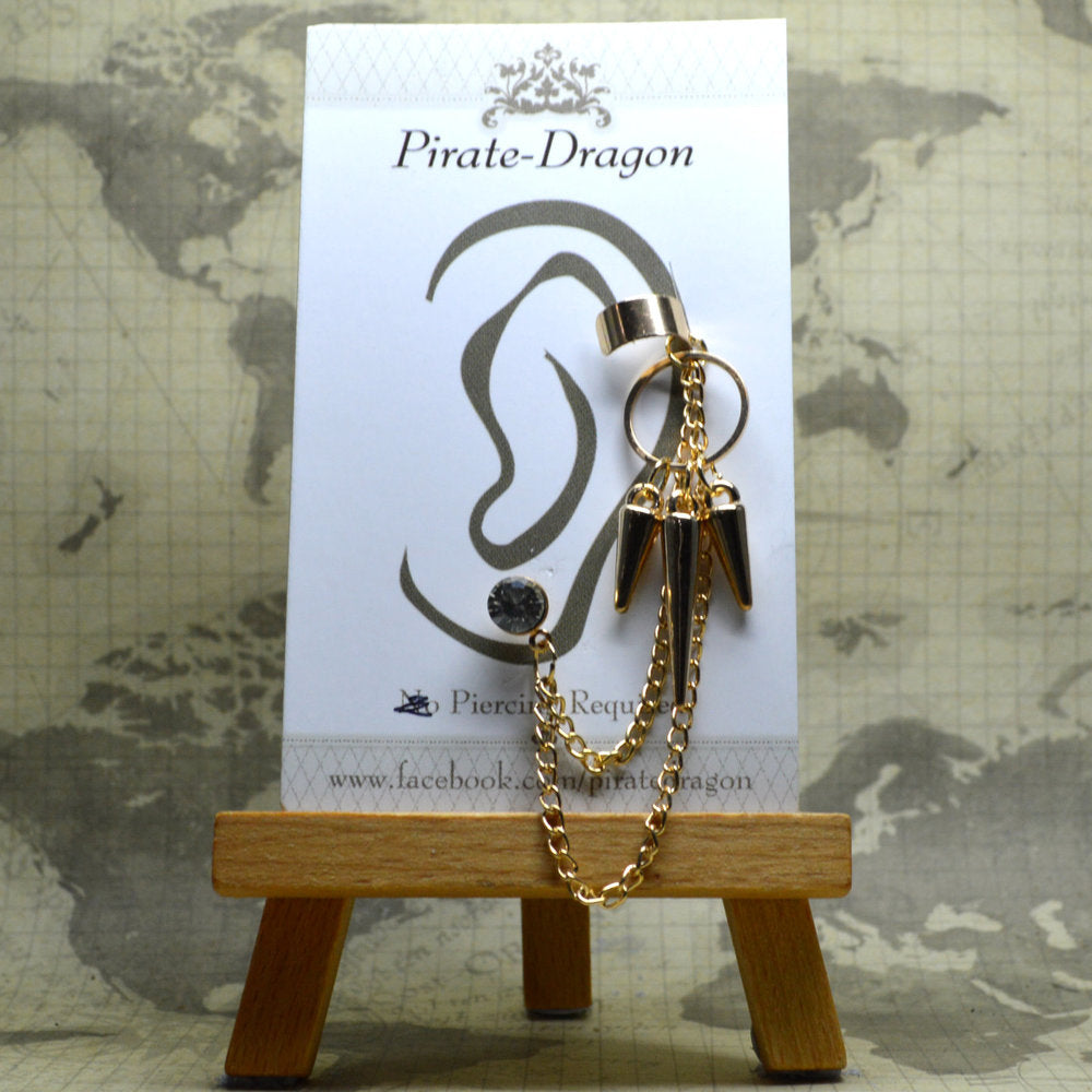 Pierced Earcuff - Gold Chains with Ring & Drops (EC4002)