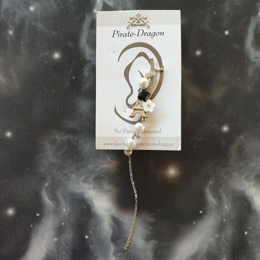 Silver Eiffel Tower with Chain Drop Pierced Earcuff (EC4007)