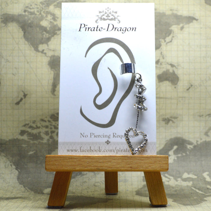 Non-Pierced Earcuff - Silver Gem Heart Drop (EC4023)