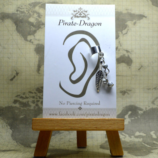 Non-Pierced Earcuff - Silver Feather & Beads (EC4045)