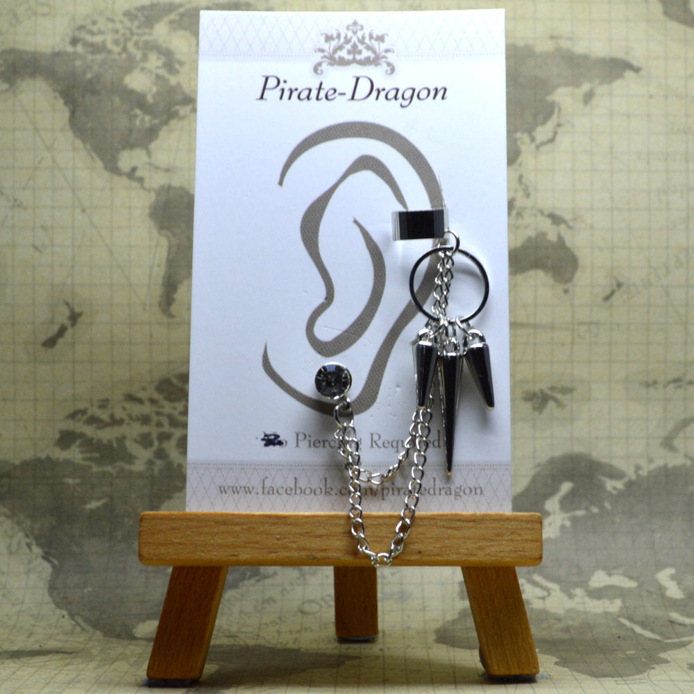 Pierced Earcuff - Silver Chains with Ring & Drops (EC4116)