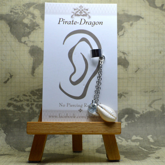 Non-Pierced Earcuff - Silver chain with Gem & Shell Dangles (EC4160)