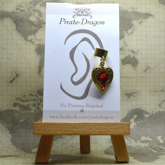 Non-Pierced Earcuff - Gold & Red Gem Heart (EC4168)