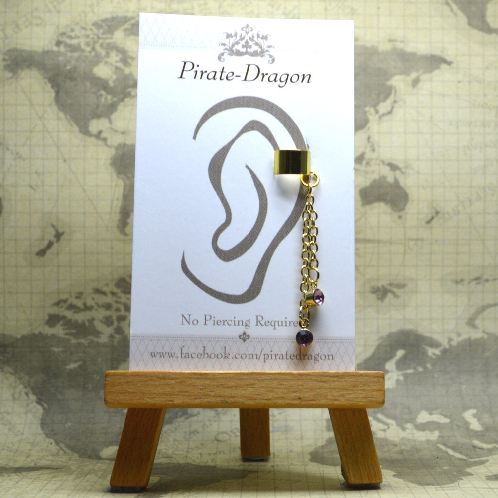 Non-Pierced Earcuff - Gold Chain with Purple Gem Dangles (EC4180)