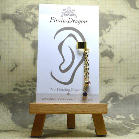 Non-Pierced Earcuff - Gold Chain with Purple Gem Dangles (EC4180)