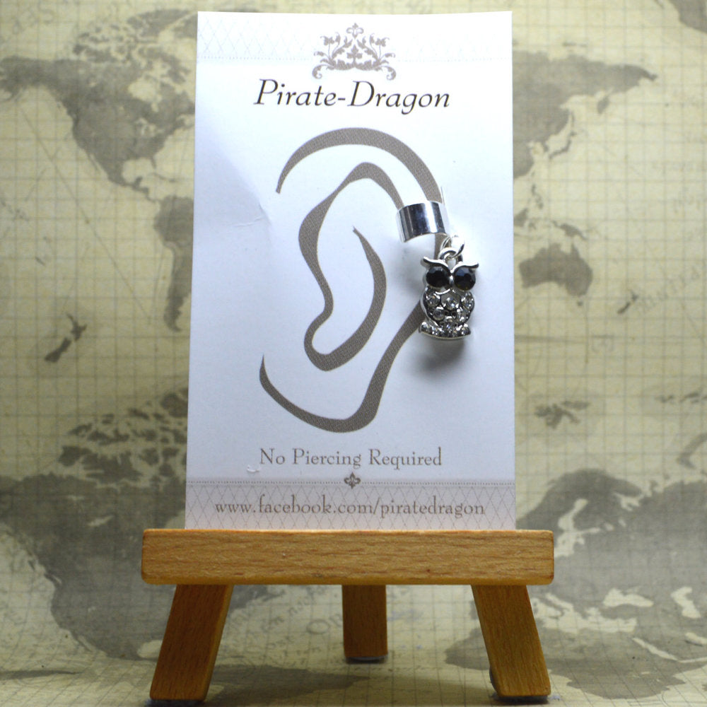Non-Pierced Earcuff - Silver Owl with Gems (EC4200)