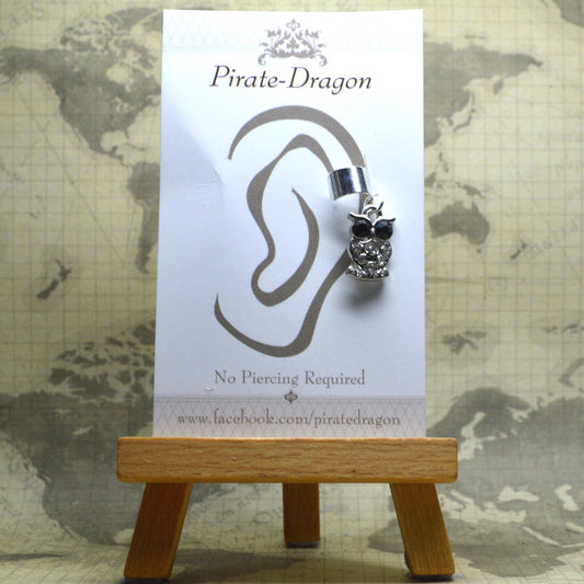 Non-Pierced Earcuff - Silver Owl with Gems (EC4200)