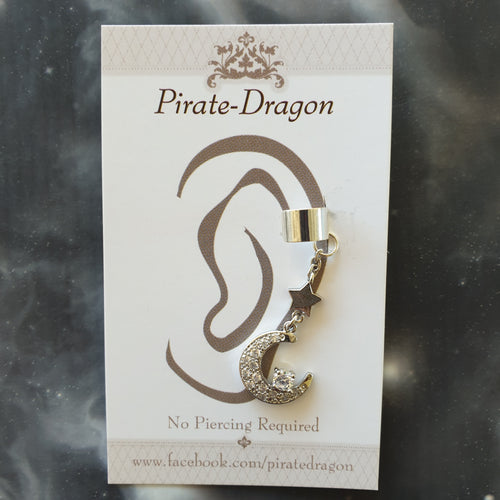Silver Crescent Moon with Star & Gems Non-Pierced Ear Cuff (EC4210)