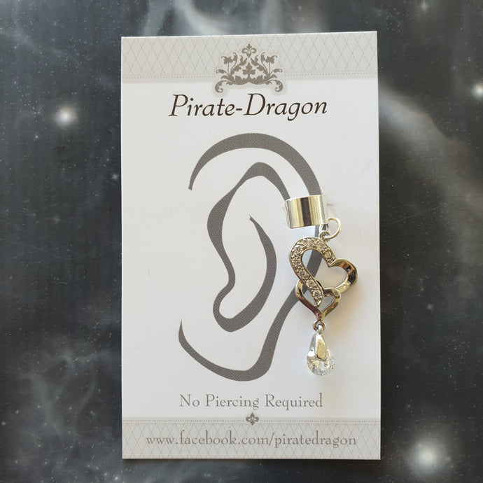 Silver Heart with Gem Drop Non-Pierced Ear Cuff (EC4220)