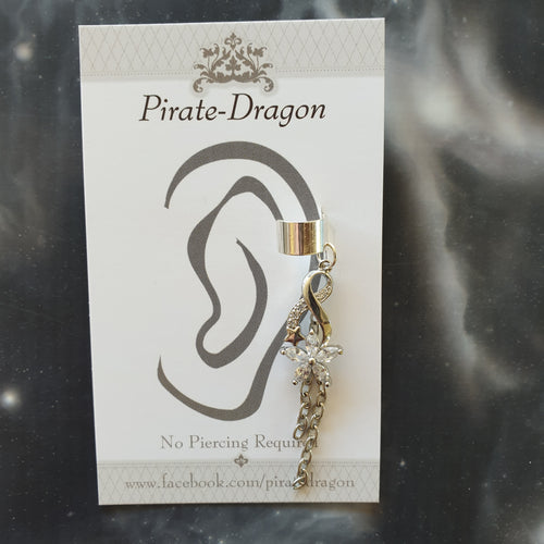 White Gem Flower with Chain Drops Non-Pierced Ear Cuff (EC4221)