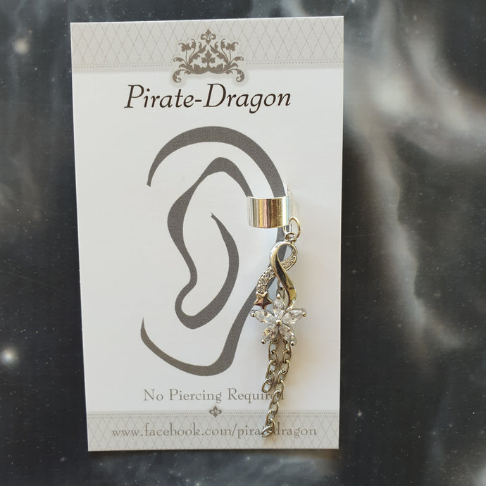 White Gem Flower with Chain Drops Non-Pierced Ear Cuff (EC4221)