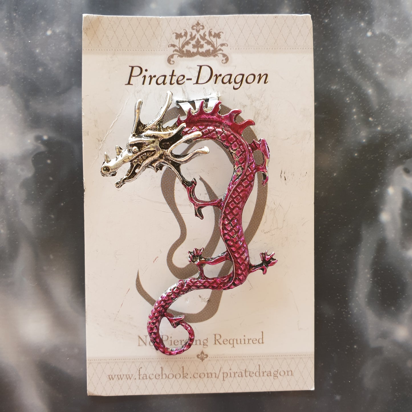 Curly Tail Dragon - Dark Pink & Silver - Non-Pierced Earcuff (EC4303)