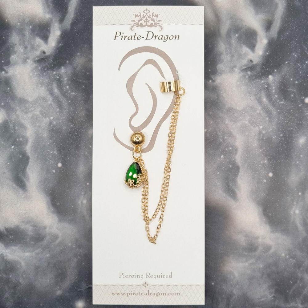 Green Teardrop Gem with Gold Chains Pierced Earcuff (EC99505)