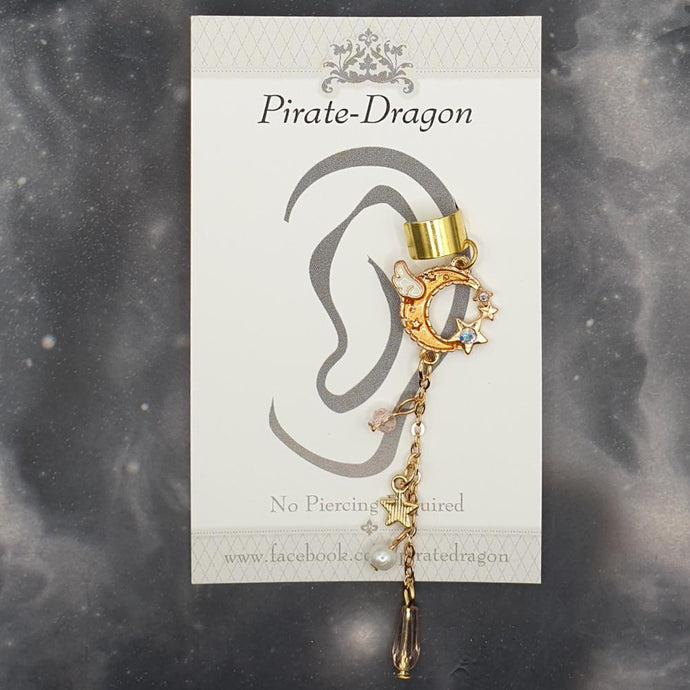 Orange Crescent Moon with Chain Drop Non-Pierced Ear Cuff (EC5032)