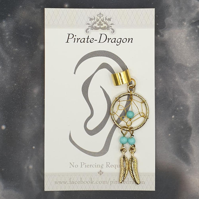 Golden Dreamcatcher with Blue Beads Non-Pierced Ear Cuff (EC5044)