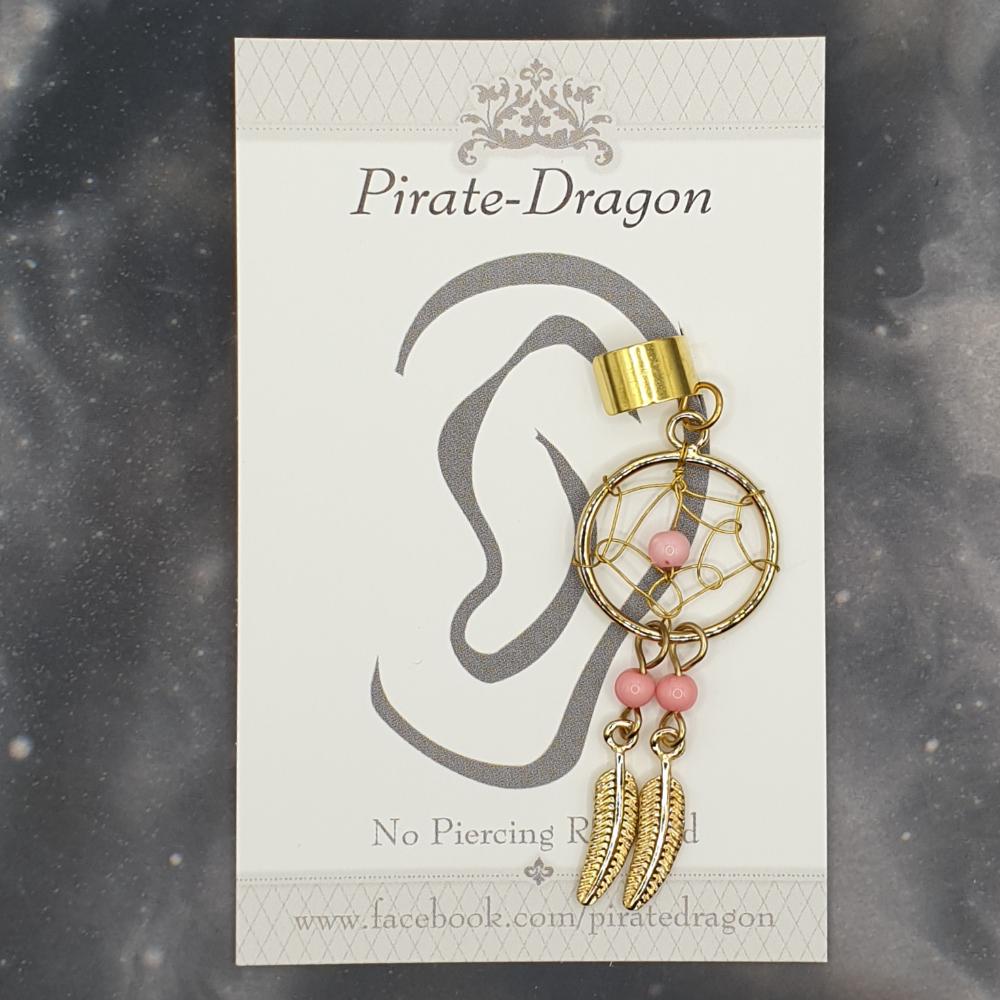 Golden Dreamcatcher with Pink Beads Non-Pierced Ear Cuff (EC5045)