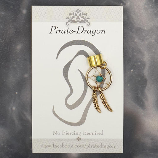 Small Golden Dreamcatcher with Blue Bead Non-Pierced Ear Cuff (EC5047)