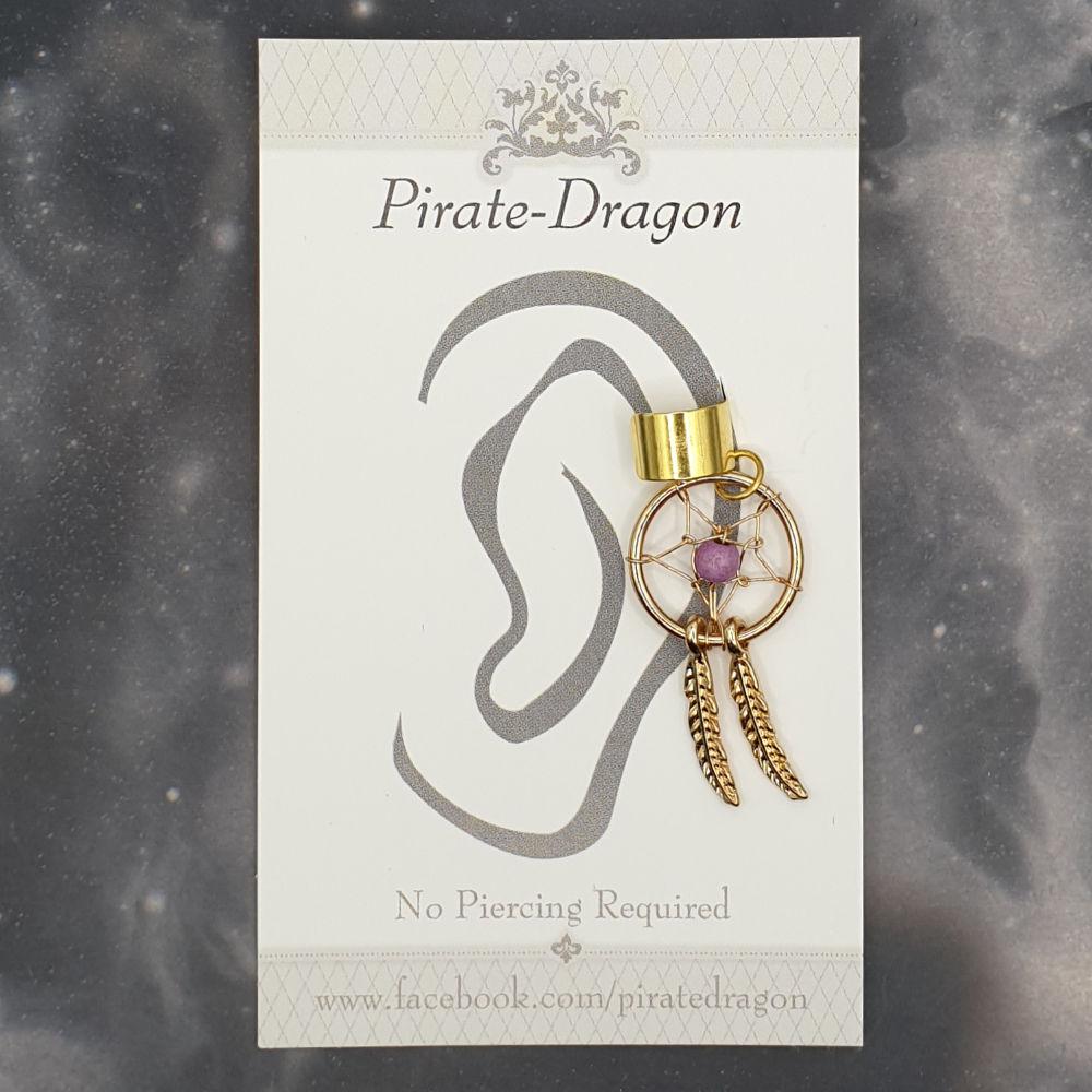 Small Golden Dreamcatcher with Pink Bead Non-Pierced Ear Cuff (EC5048)
