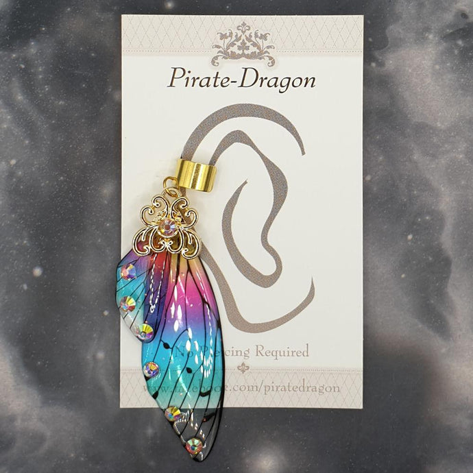 Large Gold & Rainbow Butterfly Wing Non-Pierced Ear Cuff (EC5055)