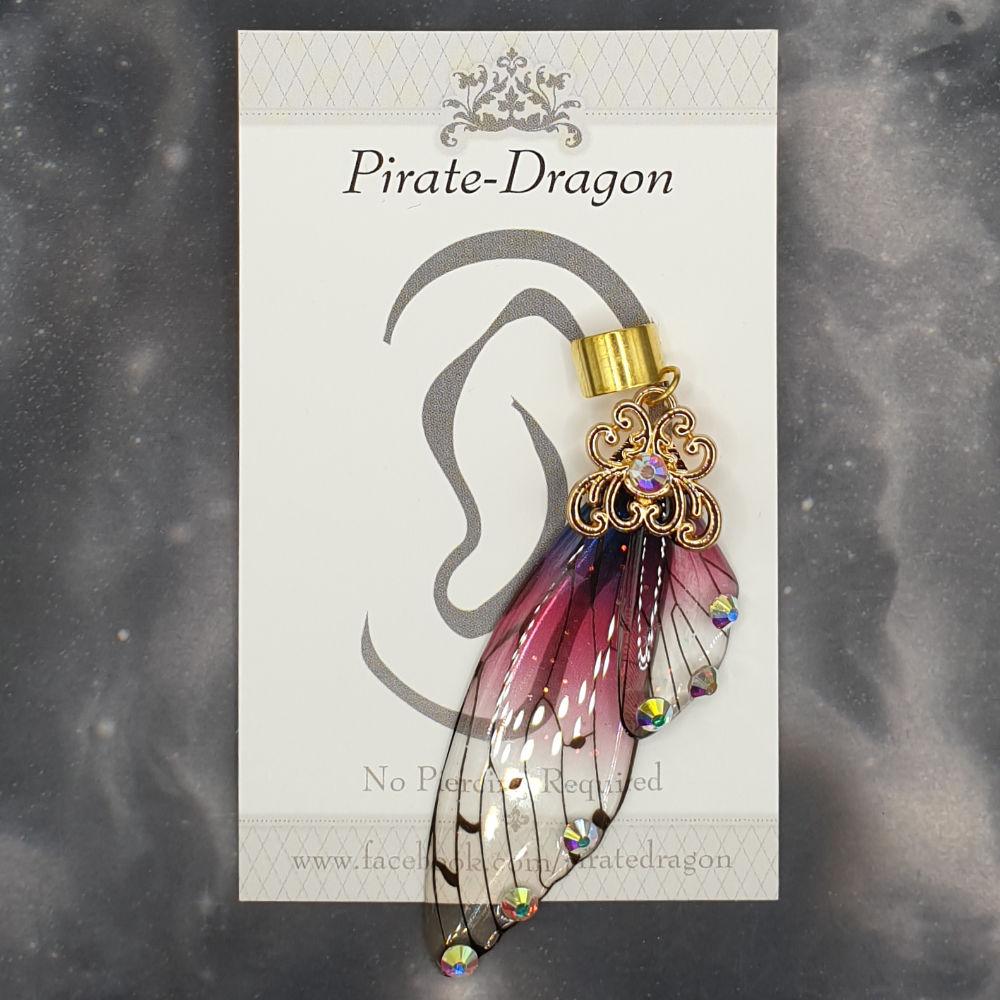 Large Gold & Red/White Butterfly Wing Non-Pierced Ear Cuff (EC5057)