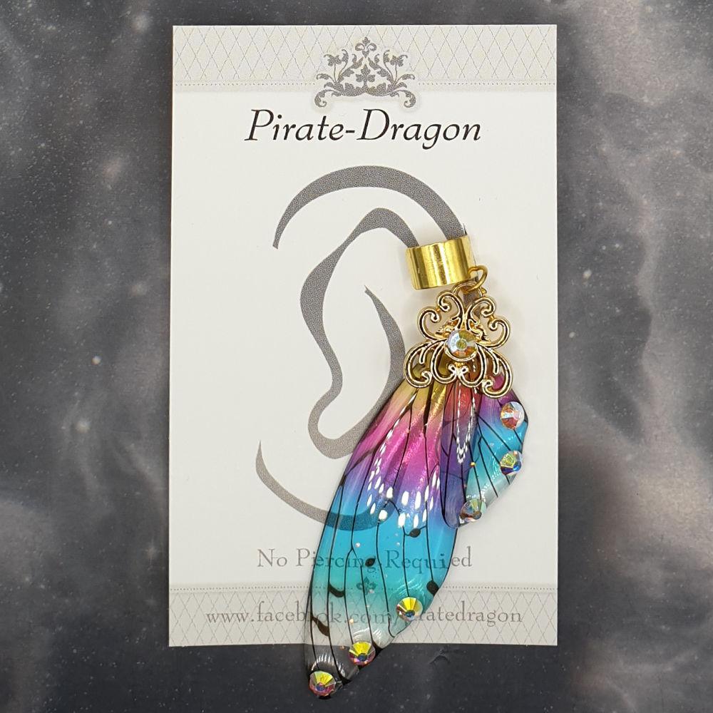 Large Gold & Rainbow Butterfly Wing With Gems Non-Pierced Ear Cuff (EC5060)