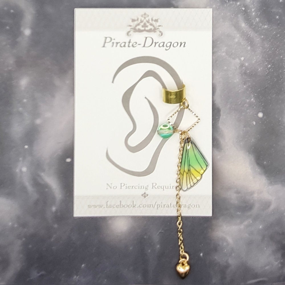 Small Gold & Green/Yellow Butterfly Wing Non-Pierced Ear Cuff (EC5066)
