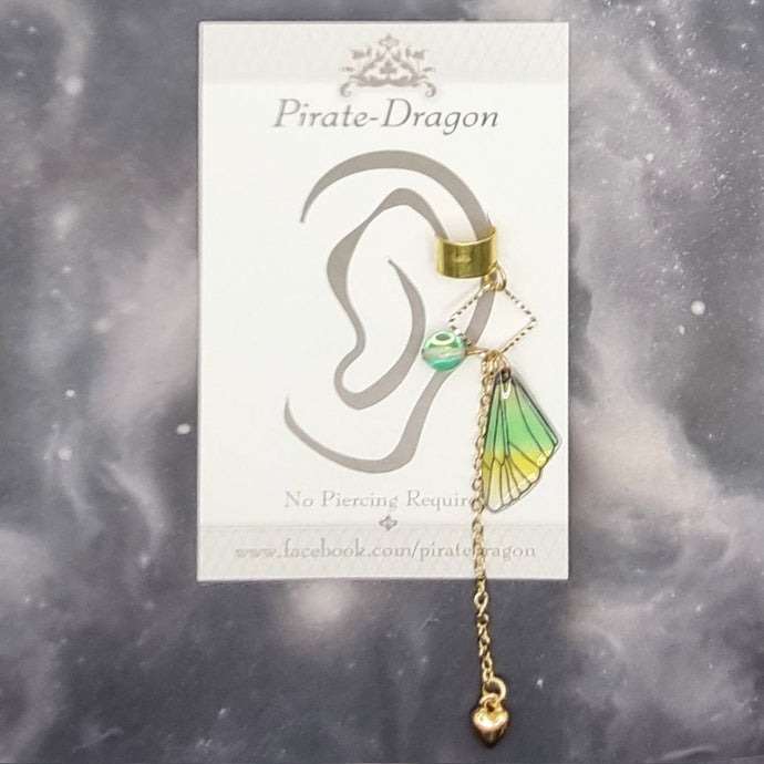 Small Gold & Green/Yellow Butterfly Wing Non-Pierced Ear Cuff (EC5066)