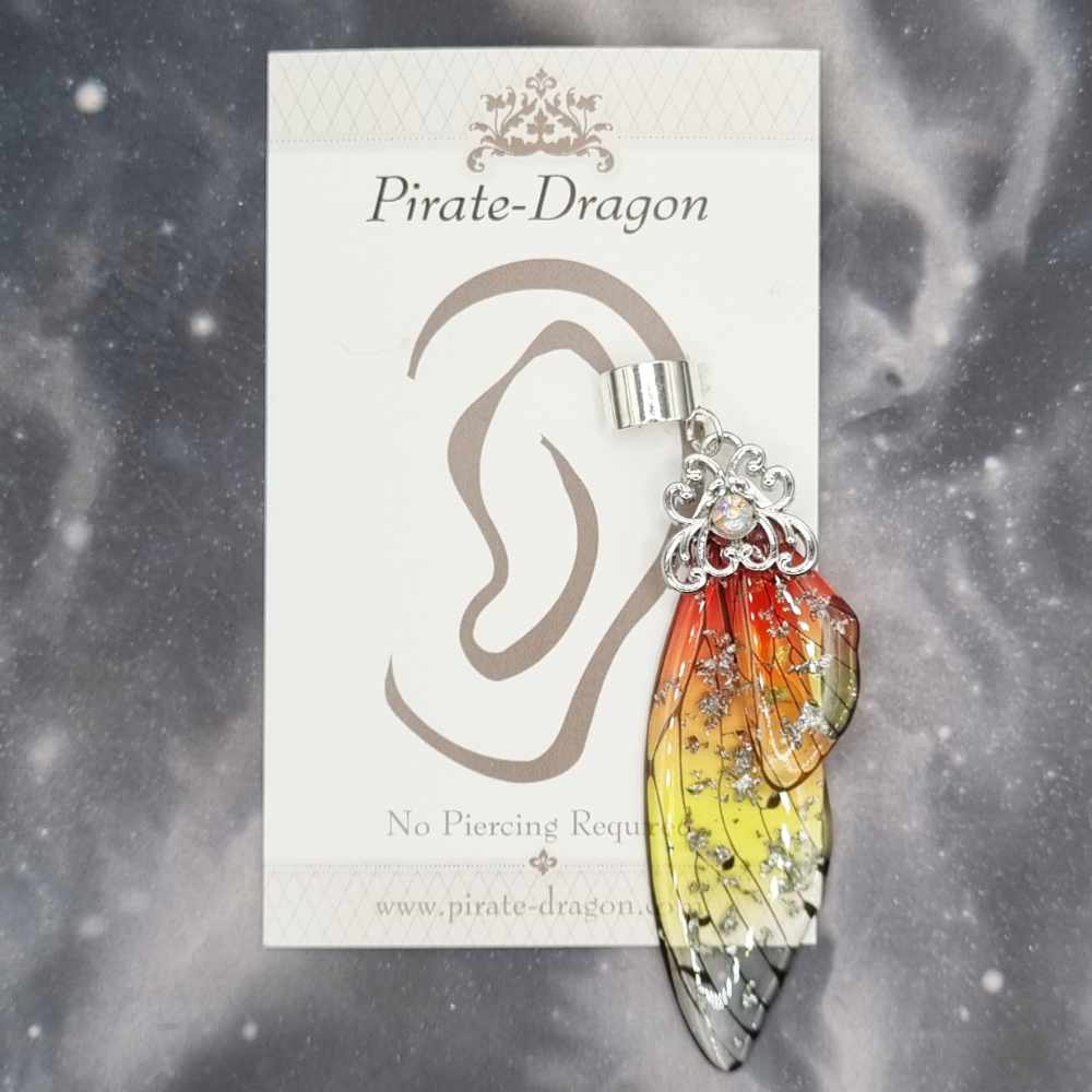 Large Silver & Red/Yellow Butterfly Wing Non-Pierced Ear Cuff (EC5111)