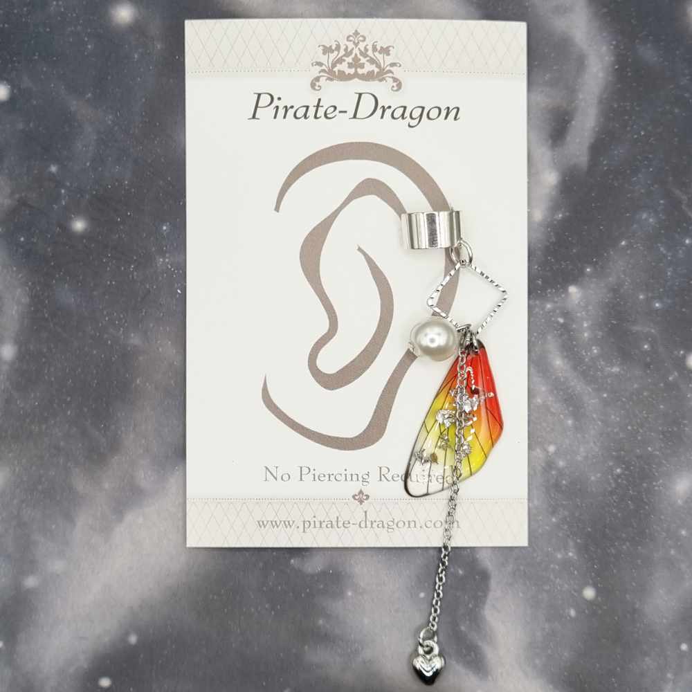 Small Silver & Red/Yellow Butterfly Wing Non-Pierced Ear Cuff (EC5115)