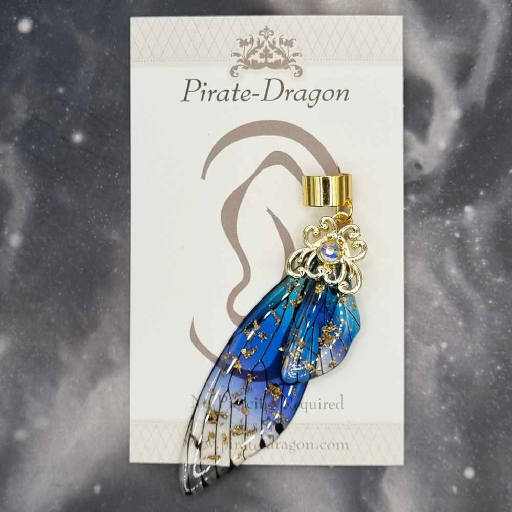 Large Gold & Blue Butterfly Wing Non-Pierced Ear Cuff (EC5133)