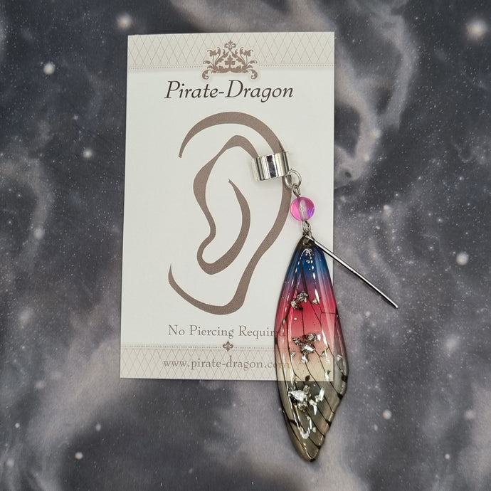 Medium Silver & Blue/Pink Butterfly Wing Non-Pierced Ear Cuff (EC5145)