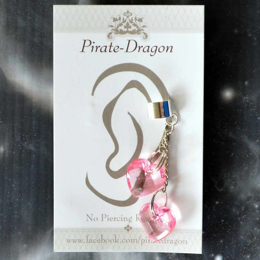Pink Hearts on Silver Chain Non-Pierced Ear Cuff (EC7055)