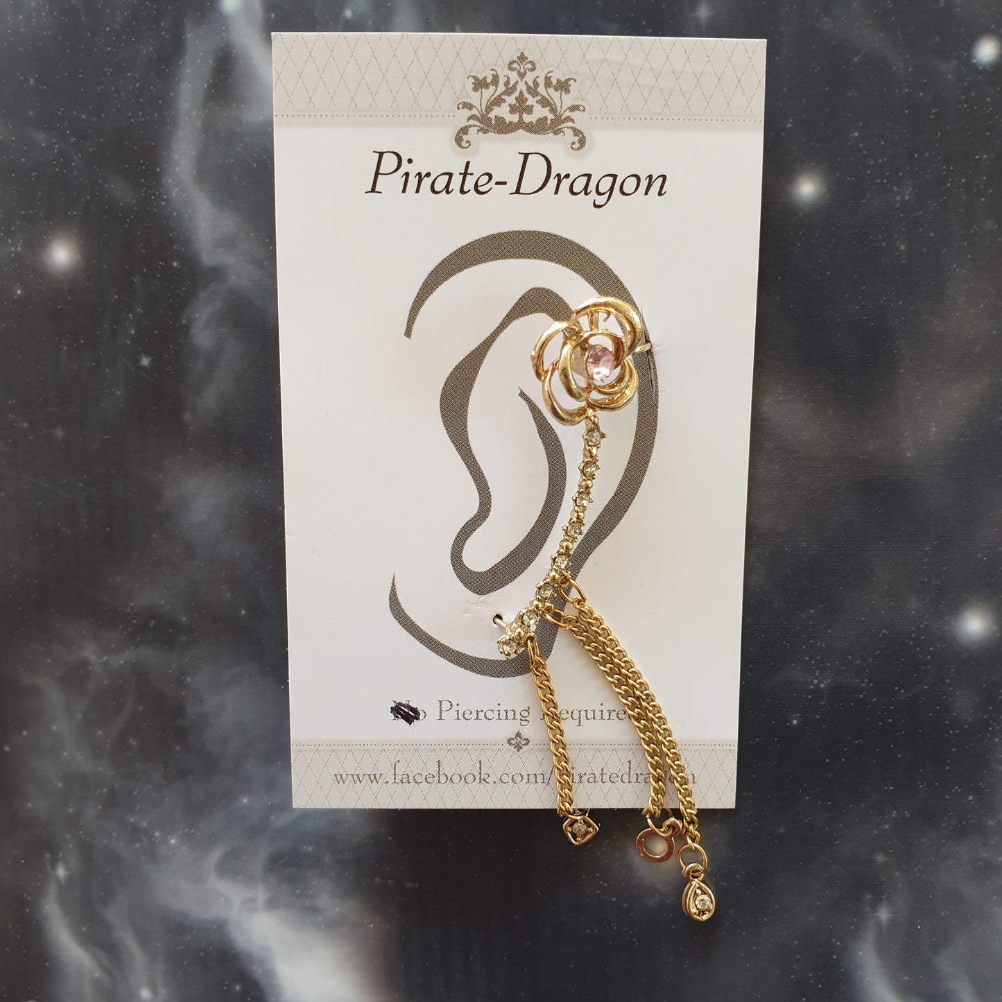 Rose with Chain Drops Pierced Earcuff (EC801B)