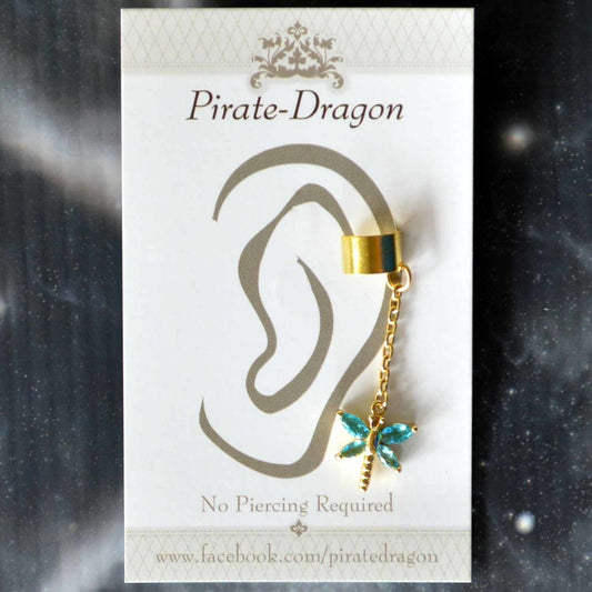 Blue Gem Dragonfly on Gold Chain Non-Pierced Ear Cuff (EC9110)