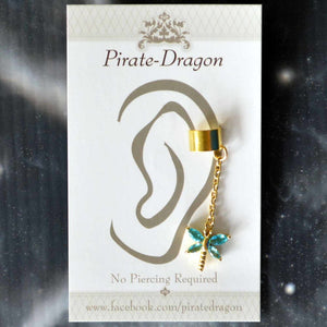 Blue Gem Dragonfly on Gold Chain Non-Pierced Ear Cuff (EC9110)