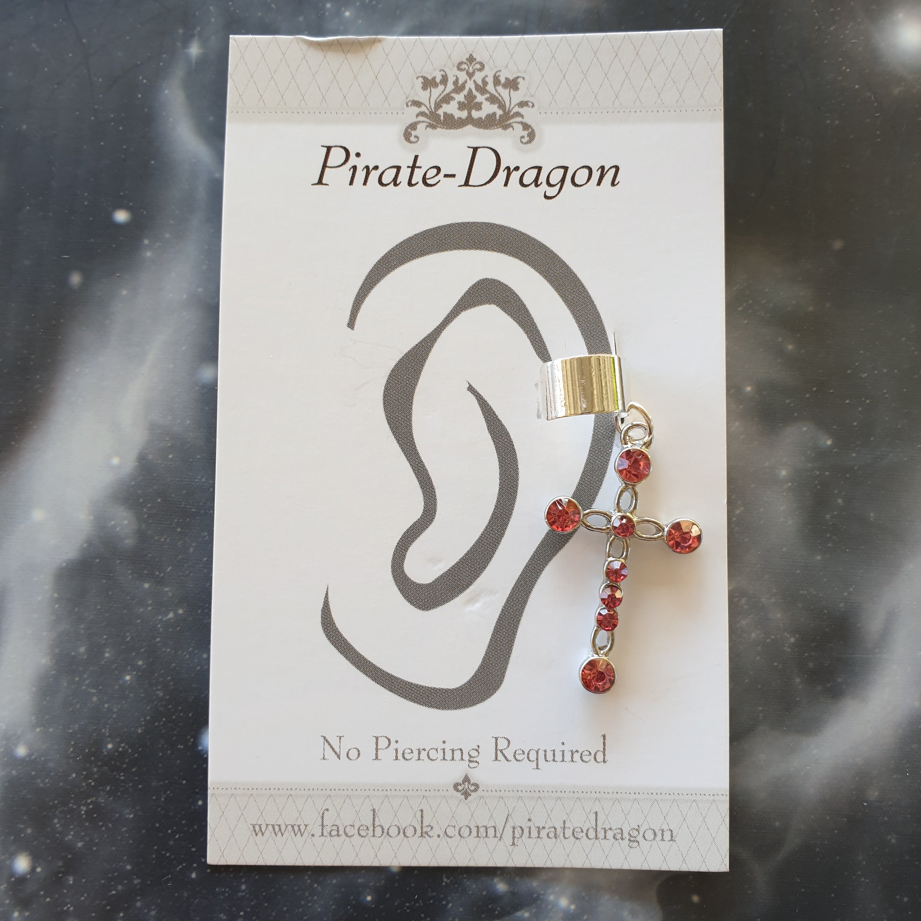 Silver Cross with Dark Pink Gem Non-Pierced Ear Cuff (EC9128)