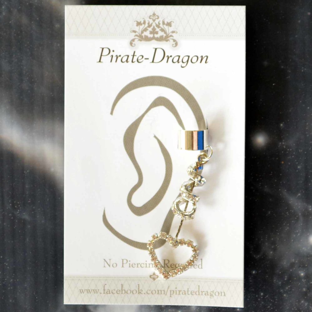Silver Gem Heart Dangle Non-Pierced Ear Cuff (EC9157)