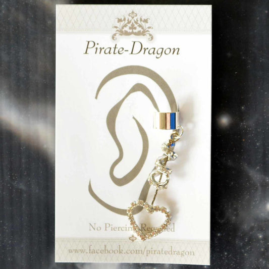 Silver Gem Heart Dangle Non-Pierced Ear Cuff (EC9157)