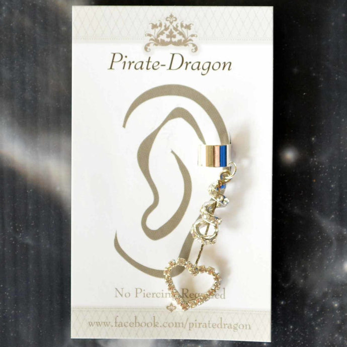 Silver Gem Heart Dangle Non-Pierced Ear Cuff (EC9157)